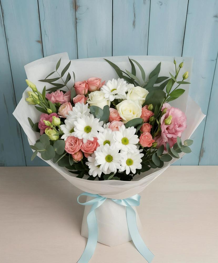Букет цветов из: Розы, Лизиантусы и Хризантемы в Ахтимнеево