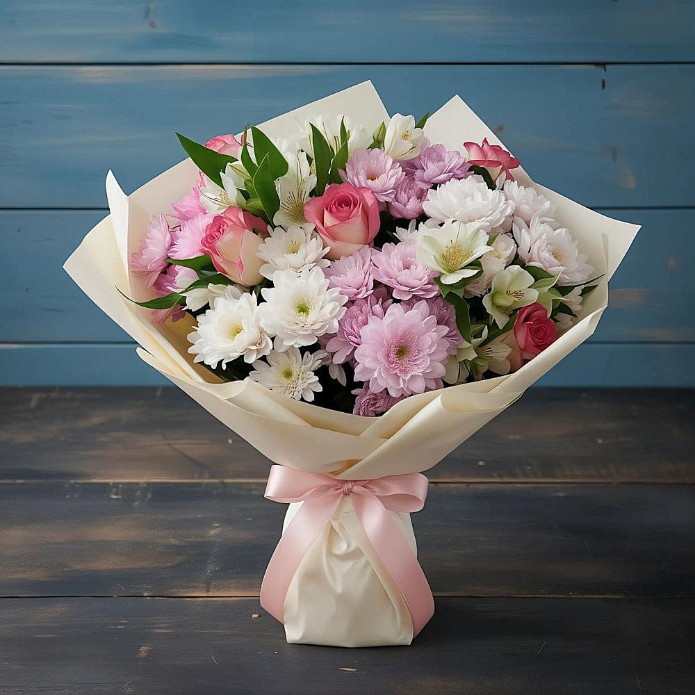 Букет цветов из: Хризантемы, Альстромерии и Розы в Ахтимнеево